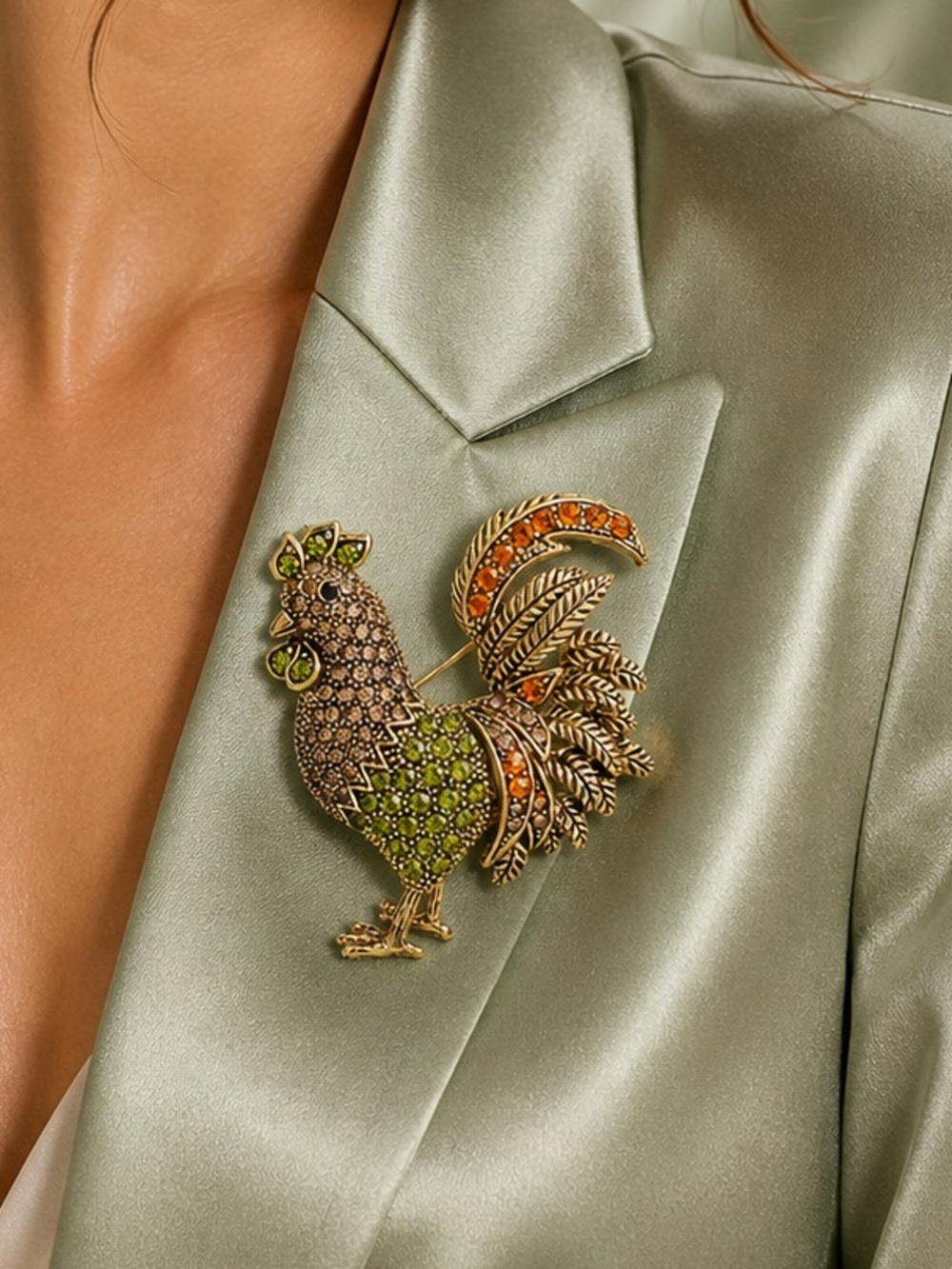 Hazel Rooster Green Crystal Brooch